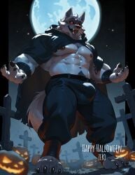 2024 abs anthro areola arm_wraps barazoku belly biceps big_bulge big_muscles body_hair bottomwear bulge canid canine canis cape cemetery claws cloak clothed clothing cross death_(puss_in_boots) detailed_background dreamworks english_text food fruit full_moon fur halloween happy_trail hi_res holidays hood huge_bulge huge_muscles jack-o'-lantern kemono leg_wraps looking_at_viewer low-angle_view male mammal moon muscular muscular_anthro muscular_male navel night nipples obliques open_mouth open_smile outside pants pecs plant pubes pumpkin puss_in_boots_(dreamworks) puss_in_boots_the_last_wish red_sclera serratus shrek_(series) sky smile solo standing star teeth text tombstone tuft universal_pictures universal_studios wolf wraps zero_087