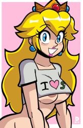 blonde_hair breasts crown d-nix female female_only mario_(series) nintendo nipples princess_peach smiling super_mario_bros. t-shirt tagme