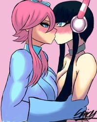 2girls bangs black_hair blue_eyes blush breast_press breasts clothed clothed_female clothed_female_nude_female clothing collar dominant dominant_female domination dominatrix elesa_(pokemon) elesa_(pokemon_bw2) female female_focus female_only french_kiss french_kissing game_freak gloves gym_leader hair_tie headgear headphones headwear holding holding_arms human kissing lesbian_couple lesbian_domination lesbian_kiss lips looking_at_another naked naked_female nintendo no_sex nose nude nude_female open_eyes pale-skinned_female pale_skin pink_background pokemon pokemon_bw pokemon_bw2 red_hair shirt short_hair short_hair_female short_hair_with_long_locks side_view sideboob signature skyla_(pokemon) strap surprise surprised surprised_expression symmetrical_docking tan tan_skin tan_skinned_female upper_body yuri