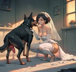 1girls ai_generated bride canine canine canine_penis gloves high_heels squatting wedding_dress wife zoophilia zoophilia