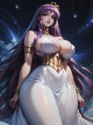 1girls accessories ai_generated athena_(saint_seiya) dress female female_focus legs saint_seiya saori_kido shounen_jump thick_thighs thighs white_dress wide_hips