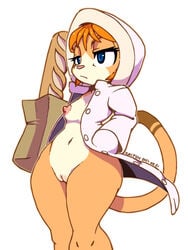 bottomless bread breasts clothed clothing coat enico feline female food fur furry furry_only hair half-closed_eyes hat jacket kaitoh mammal orange_hair partially_clothed pussy tail thick_thighs topwear