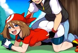 1boy ai_generated clothed_male clothed_sex day duo forest may_(pokemon) mullon novelai pokemon pokemon_(anime) pokemon_journeys pokemon_rse satoshi_(pokemon) straight