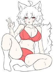 bedroom_eyes bikini blush breasts cat_ears fumomono6500 large_breasts looking_at_viewer momiji_inubashiri panties peace_sign red_bikini red_eyes red_panties socks suggestive sweat sweating tail thick_thighs tongue_out touhou white_hair