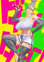 abs arm_sleeves ayase_seiko b_0_rukia baseball_bat big_breasts dandadan dolphin_shorts female glasses light_skin milf shorts solo tagme