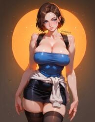 ai_generated bob_cut cleavage fr34ky huge_breasts jill_valentine pencil_skirt resident_evil thighhighs thighs tube_top