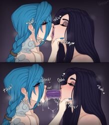 2020s 2024 2girls arcane arcane_caitlyn arcane_jinx blowjob blowjob_face blue_hair caitlyn_kiramman closed_eyes comic comic_panel dark_background dildo dildo_in_mouth double_dildo double_dildo_deepthroat eyelashes grabbing_face jinx_(league_of_legends) kissing league_of_legends lesbian_kiss light-skinned_female light_skin lips lipstick long_hair makeup open_eyes open_mouth saliva saliva_drip saliva_on_tongue saliva_string saliva_trail sex_toy simple_background steam steaming_body steamy tattoo tattoo_on_chest tattoos tongue tongue_out vo1ette yuri