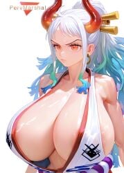 1girls ai_generated areola_slip big_breasts earrings female female_only fit_female horn huge_breasts jewelry kimono long_hair marshalpizza multicolored_hair one_piece oni open_clothes orange_eyes pervmarshal silver_hair solo solo_female tagme tagme_(artist) yamato_(one_piece)