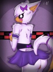 2017 animatronic anthro areola ass big_butt black_nose blush bow_tie breasts canine clothing e-01 female female_only five_nights_at_freddy's five_nights_at_freddy's_world fox fur glowing glowing_eyes hair lolbit_(fnaf) looking_at_viewer machine mammal mostly_nude multicolored_fur nipples nude orange_fur purple_nipples purple_pussy pussy ribbons robot simple_background skirt smile standing tail_bow tail_ribbon video_games white_eyes white_fur