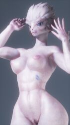 1girls feathers female furry haendeciss humanoid looking_at_viewer nude nude_female pink_body pink_skin six_fingers six_pack tall_female trenshyva unfinished upper_body white_skin