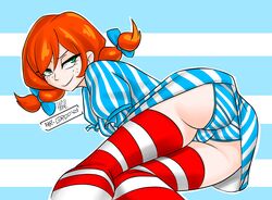 1girls dankodeadzone female female_only green_eyes looking_at_viewer mascot panties presenting red_hair smile solo striped_panties wendy's wendy_thomas