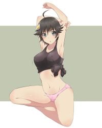 ahoge araragi_karen armpits arms_up bare_arms bare_belly bare_legs bare_thighs belly_button big_breasts black_eyes black_hair black_shirt blush body_blush breasts collarbone groin hair_ornament kakoikaren monogatari_(series) nipples_visible_through_clothing no_bra no_pants panties parted_lips pink_panties shiny_skin shirt short_hair side-tie_shirt stretching_arms thighs underwear