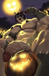 anthro big_penis canid canine canis doooo2424 fur furry halloween holidays humanoid_genitalia humanoid_penis male male_nipples male_only mammal muscular_anthro muscular_male nipples nude penis pumpkin