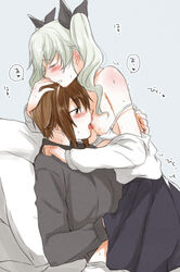 2girls anchovy blush bra breasts brown_hair female girls_und_panzer green_hair multiple_girls nipples nishizumi_maho sex small_breasts white_bra yuhi yuri