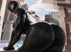 bent_over big_ass big_breasts black_body cheesyx3d fortnite leaning_forward looking_at_viewer looking_back marvel marvel_comics muscular_female she-venom smile solo symbiote tongue_out