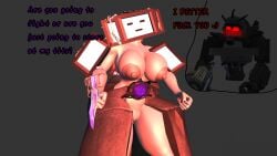 1boy 1girls 3d 3d_model 3d_modeling arm_cannon astro_toilet big_breasts big_butt big_thighs bigger_female english_text gas_mask helmet huge_female juggernaut_(skibidi_toilet) prisma3d prisma3dnsfw purple_text red_eyes red_text skibidi_toilet text titan_tv_woman_(skibidi_toilet) tv tv_face tv_head