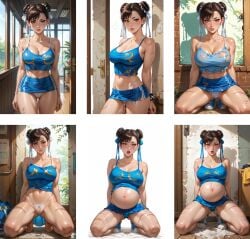 1girls ai_generated breasts chun-li creampied cum_in_pussy female kidnapped mini_skirt pregnant pregnant_female scars scars_on_face scars_on_legs sex skirt t-shirt