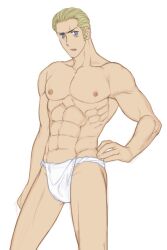 00s 1boy 2009 axis_powers_hetalia blonde_hair blue_eyes fundoshi germany_(hetalia) ludwig_weillschmidt male male_only masanori_danshi muscular muscular_male nipples simple_background solo sweatdrop white_background white_fundoshi