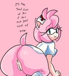 amy_rose anthro anus ass big_ass clothing dialogue english_text female fur furry furry_only higgyy looking_back nurse pink_fur pink_hair pussy small_breasts solo sonic_(series) submissive tail text thick_thighs