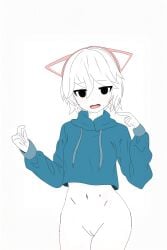 airship_assault blush bottomless cat_ears clothing female female_only first_post_of_artist no_panties pointing_at_self pussy roblox roblox_avatar topwear white_body white_hair