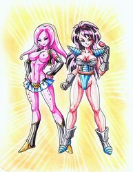 2girls armor black_armwear black_sclera breasts cleavage curvy curvy_female curvy_figure curvy_hips dark_purple_hair dragon_ball dragon_ball_xenoverse drawn eyewear_removed female female_majin female_only gloves grey_gloves hourglass_figure humanoid leotard long_hair majin monster_girl multiple_girls nipples original_character pink_skin red_eyes red_hairband saiyan saiyan_armor saiyan_tail scouter shiny shiny_breasts shiny_skin tail tentacle_hair thick_thighs