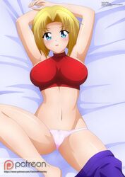 blonde_hair blue_eyes blue_mary female jonatan_gonzales king_of_fighters looking_at_viewer lying_down navel panties pink_panties short_hair solo white_panties zel-sama