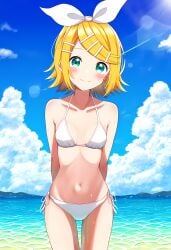 ai_generated arms_behind_back bangs beach bikini blonde_hair blue_sky blush breasts closed_mouth cloud collarbone cowboy_shot day female hair_ornament hairbow hairclip halterneck horizon kagamine_rin lens_flare looking_at_viewer navel ocean outdoors ribbon short_hair side-tie_bikini sky small_breasts smile solo standing string_bikini swimsuit vocaloid water white_bikini white_ribbon