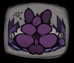 1boy anthro anus ass balls big_ass big_butt corrupt_bunny_(terraria) duo femboy fur genitals heart_symbol huge_ass lagomorph leporid looking_back male mammal purple_body purple_fur rabbit rear_view scut_tail sharp_teeth short_tail smile spread_butt spreading tail teeth terraria thfooxxir