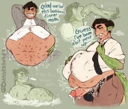 abstract_background anthro belly belly_button bumbleblues crocodilian dialogue digestion_noises fat fat_man female female_prey green_scales gurgle human male male_pred swallowing voluptuous voluptuous_male vore vore_belly