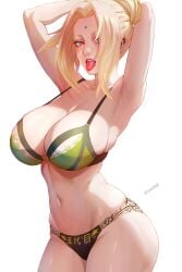 1girls alternate_costume alternate_hairstyle armpits arms_behind_back artist_name bikini blonde_hair breasts brown_eyes cleavage commentary drawink english_commentary facial_mark forehead_mark green_bikini highres large_breasts lips long_hair naruto naruto_(series) navel open_mouth pink_lips ponytail simple_background solo stomach swimsuit teeth tongue tongue_out tsunade upper_teeth_only voluptuous white_background