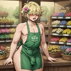 1boy ai_generated apron basil_(omori) blonde_hair blue_eyes femboy green male_only