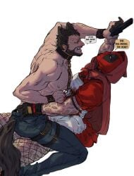 2boys alternate_costume animal_ears arm_hair ass beard big_bad_wolf_(cosplay) black_gloves bleeding blood blood_on_clothes bow brown_hair chain_leash chains chest_hair claw_(weapon) clenched_hand collar cosplay couple deadpool deadpool_&_wolverine_(2024) dress english_text facial_hair fishnets gay gloves grabbing_another's_ass groping guillartee gun hairy halloween halloween_costume holding holding_gun holding_weapon hood hood_up james_howlett large_pectorals leash little_red_riding_hood_(copyright) little_red_riding_hood_(cosplay) looking_at_another male_focus marvel marvel_cinematic_universe mask mature_male multiple_boys muscular muscular_male nipples open_mouth pants pectorals red_bow red_hood red_mask scar scars_all_over short_hair short_sleeves simple_background sitting sitting_on_person speech_bubble stab tail teeth thigh_strap too_many topless_male veins wade_wilson weapon white_background wolf_boy wolf_ears wolf_tail wolverine_(x-men) x-men yaoi