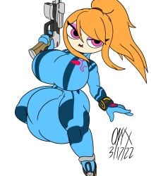 1futa 1girls ass ass background ball_bulge balls big_balls big_breasts big_penis big_thighs bodysuit breasts bulge bulge_under_clothes clothing color colored copyright_request cosplay eyelashes focused front_view futa_focus futa_only futanari genitals gun hair hair_tie hyper hyper_balls hyper_genitalia hyper_penis hyper_testicles kiki_aubaren_(onyxtwilight) long_hair metroid nintendo onyx_twilight original_character peach_hair penis penis_bulge pink_eyes pink_eyeshadow ponytail pose shortstack simple_background skin_tight suit thick_thighs thighs tight_clothing weapon white_background zero_suit_samus zero_suit_samus_(cosplay)