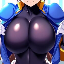 1girls ai_generated aile big_breasts blue_jacket bodysuit bracelets brown_hair close-up female_focus fingerless_gloves front_view head_out_of_frame indoors mega_man mega_man_zx open_clothes presenting_breasts shiny_clothes shiny_skin smile smiling solo_focus