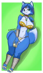 1girls anthro big_breasts blue_fur blue_hair bra bracer breasts choker cleavage curvy fox fox_ears gem green_eyes headband huge_thighs krystal loincloth necklace nintendo squishcap_(artist) star_fox tail thick_thighs thighs toes twitter_username two_tone_body two_tone_fur wide_hips