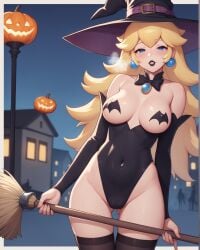 1girls ai_generated bare_shoulders bat_panties black_lipstick blonde_hair blue_eyes blush bow broom covered_navel covered_nipples cowboy_shot detached_sleeves earrings female gluteal_fold hair_between_eyes halloween hat heavy_breathing jack-o'-lantern leotard long_hair looking_at_viewer mario_(series) night nipple_pasties notreallyhere parted_lips princess princess_peach pumpkin solo standing trick_or_treat witch witch_costume witch_hat