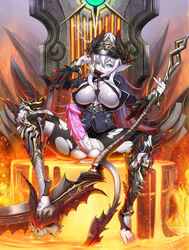 1futa areola_slip boots breasts cap cigar cleavage demon erection futa_only futanari green_eyes horns intersex large_breasts large_penis lucknight pale_skin pantyhose penis pointy_ears sitting smoking solo spiked_penis tail testicles throne torn_pantyhose uncensored weapon white_hair