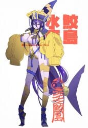 blue_skin character_request cleavage hat jiangshi long_hair long_sleeves looking_at_viewer necklace oc pasties purple_eyes simple_background sling_bikini smiling smjmworks standing_on_tip_toes tagme tiptoes watermark