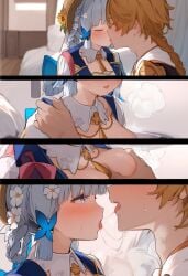 1boy 1girls aether_(genshin_impact) ai_generated holding horny_female kamisato_ayaka kissing long_hair mihoyo pleasure_face saliva_trail sex straight