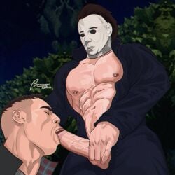 2d 2d_(artwork) abs bacoarts blowjob david_king dead_by_daylight gay gay_blowjob halloween_(series) male male/male male_only michael_myers muscular muscular_male open_clothes open_shirt oral oral_sex pecs penis sucking_penis tagme