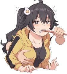 ahoge araragi_karen big_breasts black_eyes black_hair blush breast_grab breasts brushing_teeth collarbone grabbing_from_behind hair_ornament monogatari_(series) open_mouth ponytail saliva shiseki_hirame side_ponytail sweatdrop toothbrush_in_mouth