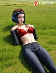 ai_generated black_jeans blue_hair female green_eyes hands_on_chest harry_potter harry_potter:_hogwarts_mystery l_mammc lying_on_grass lying_on_ground natural_breasts pony_diffusion_xl realistic_breast_size red_bra skye_parkin small_breasts solo solo_female watermark