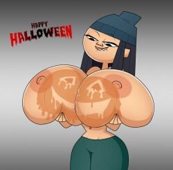 1girls alternate_breast_size beanie beanie_hat big_breasts bite biting biting_lip biting_own_lip breasts breasts_out clothed clothing english english_text eyebrows_raised female female_only grope groping groping_breasts groping_own_breast halloween halloween_2024 huge_breasts jack-o'-lantern mk_(tdi) no_shirt pants partially_clothed pumpkin pumpkin_boobs self_grope shirtless solo solo_female text topless topless_female total_drama_(series) total_drama_island total_drama_island_(2023) vanilladream34