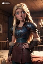 1girls ai_generated armor artist_name astrid_hofferson bed blonde_hair blue_eyes breastplate candle collarbone cowboy_shot dreamworks hand_on_own_hip hi_res how_to_train_your_dragon indoors lips long_hair looking_at_viewer nose on_bed r34arts shoulder_armor solo