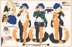 absurd_res anthro balls beret biped blonde_hair chastity_cage chastity_device closed_eyes clothed clothing domestic_cat english_text erection eyewear felid feline felis fermusieboir4 flaccid foreskin fur genitals glans glasses green_eyes hair hat headgear headwear hi_res humanoid_genitalia humanoid_penis kiro_(fermusieboir4) male mammal metal_chastity_cage midriff model_sheet nub_chastity_cage penis solo tail text