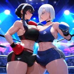 2girls ai_generated angry asymmetrical_docking bangs bare_shoulders black_hair blue_eyes blush boxing_gloves boxing_ring breast_press breasts bulge bulge_through_clothing choker cleavage earrings face_to_face fighting_ring fiona_frost futanari hand_on_hip headband jewelry large_breasts long_hair looking_at_another navel night racerai red_eyes short_hair shorts sidelocks sky spy_x_family stadium stud_earrings yor_briar yor_forger yuri