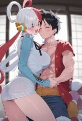 ai_generated big_ass big_breasts couple female huge_thighs ishin long_hair male monkey_d_luffy multicolored_hair one_piece scar scar_on_chest thick_thighs uta_(one_piece) wet_clothes