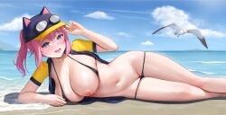 1girls areolae beach big_breasts bikini blue_eyes blush breasts eyewear_on_head female goggles_on_head hat headwear heart-shaped_pupils keine09 large_breasts light-skinned_female light_skin lying lying_on_side nipples ocean on_side one_breast_out outdoors pink_hair ponytail pussy solo steam_(software) steam_delivery_girl uncensored valve