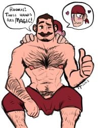 balls blush body_hair boner bulge disney erection erection_under_clothes facial_hair male male_only massage moustache penis shirtless sitting stan_(tangled) tangled terratauren thumbs_up