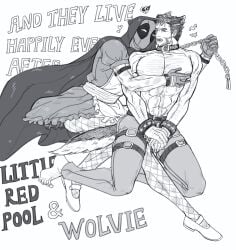 2boys abs alternate_costume animal_ears animification arm_hair barefoot beard big_bad_wolf_(cosplay) bow chain_leash chains chest_hair collar cosplay couple deadpool deadpool_&_wolverine_(2024) dress english_text facial_hair fishnets full_body gay gloves hairy halloween halloween_costume heart holding holding_leash hood hood_up james_howlett large_pectorals leash little_red_riding_hood_(copyright) little_red_riding_hood_(cosplay) looking_at_viewer male_focus marvel marvel_cinematic_universe mask mature_male monochrome multiple_boys muscular muscular_male navel nipples open_mouth pants pectoral_grab pectorals scar scars_all_over short_hair short_sleeves siyi1996 tail teeth thigh_strap too_many topless_male veins veiny_arms wade_wilson wolf_boy wolf_ears wolf_tail wolverine_(x-men) x-men yaoi